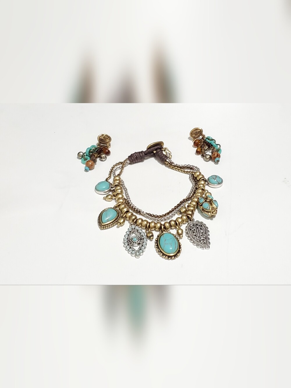 Vtg. Boho Turquoise Chain CharmsBracelet and Earring Set